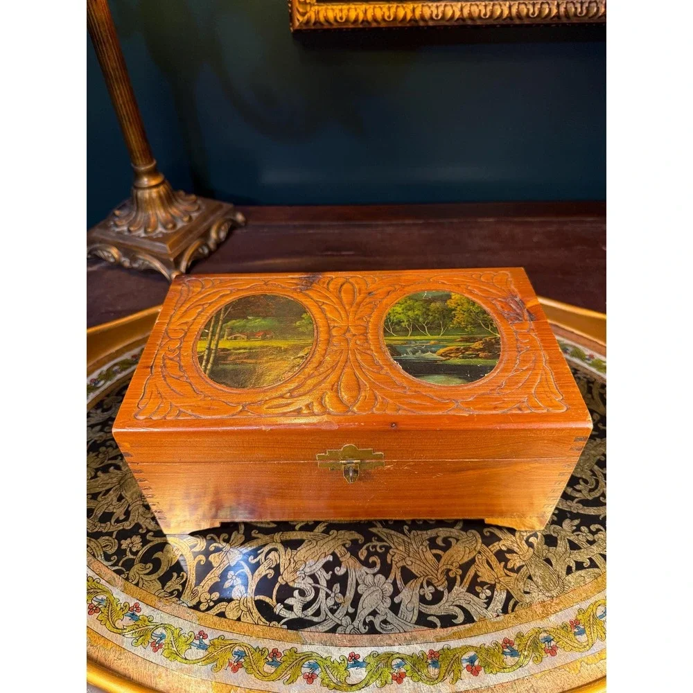 1950s Cedar Vanity Box with‎ Mirror and Carved Scenic Lid – Keepsake Box